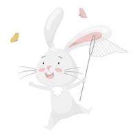 simpatico coniglio divertente che cattura farfalle con una rete. attività di divertimento estivo. design per bambini. adorabile animale, personaggio in colori pastello. per carte, vestiti, t-shirt print.vector illustrazione isolata su bianco vettore