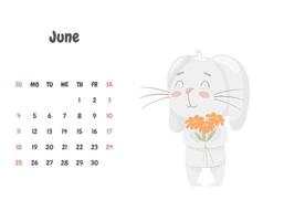 pagina del calendario per il mese di giugno 2023 con un simpatico coniglio sorridente che tiene un mazzo di fiori primaverili. adorabile animale, un personaggio in colori pastello. calendario per bambini. illustrazione vettoriale su bianco