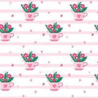 un luminoso motivo senza cuciture di composizione floreale in una tazza da tè rosa con un cuore. un bouquet estivo festoso, carino, con fiori semplici. illustrazione vettoriale. stile cartone animato piatto su bianco con strisce rosa vettore