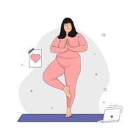 simpatico personaggio donna taglie forti che fa yoga sentendosi sicuro. concetto di corpo positivo e di accettazione. illustrazione vettoriale. vettore
