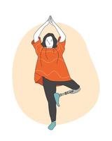 giovane donna speciale che fa yoga. una ragazza con la gamba protesica nella posa di yoga che fa esercizio e meditazione. persone con disabilità, protesi, amputazioni, inclusione. illustrazione vettoriale. vettore