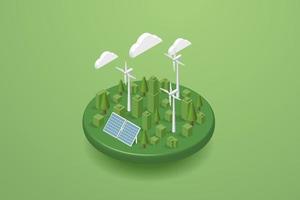 la città verde genera elettricità con i pannelli solari. energia solare e turbine eoliche energia pulita vettore