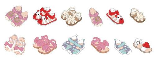 scarpe estive per bambini, set di ornamenti per scarpe per bambini vettore