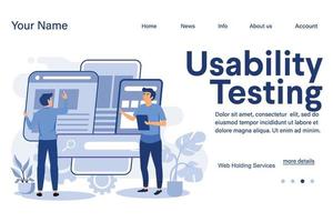 illustrazione vettore pagina di destinazione del concetto di test di usabilità con il giovane sta testando l'usabilità dell'interfaccia del sito Web e dell'applicazione. adatto per landing page, editoriale, flyer, banner.