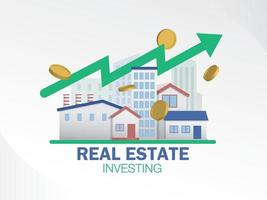 immobiliare con freccia al rialzo e monete. vettore dell'illustrazione degli investimenti immobiliari.