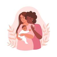 felice coppia lesbica con un neonato. concetto di gravidanza, famiglia, maternità. illustrazione vettoriale piatta.