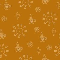 simpatico motivo arancione con linea bianca doodle caffè, tè, caffè, sole, fiori con amore. tessuti per bambino, tessuto, libro, camera da letto, bambino. album di ritagli di carta digitale. vettore