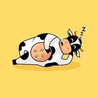 illustrazione carina del sonno della mucca. stile cartone animato, mascotte, animale e personaggio. arancione, bianco e nero. adatto per il logo, l'icona, il simbolo, il design della maglietta e il segno vettore