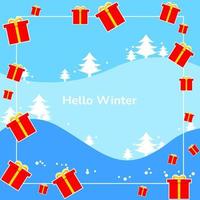 sfondo invernale. cornice con fiocchi di neve, alberi e regali. stile piatto e moderno. adatto per biglietti di auguri, feed di social media, banner o volantini vettore