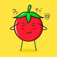 simpatico personaggio di pomodoro con espressione pensante, occhi chiusi e due mani sulla testa. verde, rosso e giallo. adatto per emoticon, logo, mascotte vettore