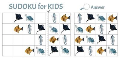 gioco di sudoku per bambini con immagini di animali marini. scheda attività per bambini. illustrazione vettoriale in stile cartone animato