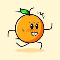 simpatico personaggio arancione con foglia, espressione sorridente e corsa. logotipo di cartone animato, emoticon, moderno, fresco, contorno e mascotte. adatto per logo, icona e segno vettore