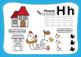 lettera dell'alfabeto h - esercizio di casa con illustrazione del vocabolario dei cartoni animati, vettore