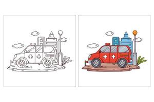 veicolo di trasporto carino disegnato a mano per colorare pagina ambulanza vettore
