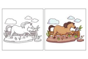 animale da fattoria carino disegnato a mano per colorare pagina cavallo vettore