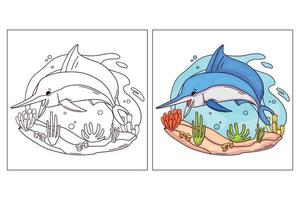 animale dell'oceano carino disegnato a mano per colorare la pagina marlin vettore