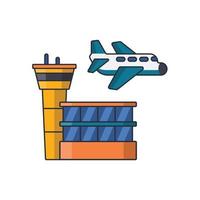 raccolta colorata icona sottile di aeroporto, aereo, radar, torre atc, trasporto o concetto tecnologico illustrazione vettoriale. vettore
