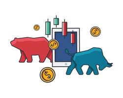 raccolta colorata icona sottile del mercato commerciale, orso e toro, tablet, grafico, monete di denaro, illustrazione vettoriale del concetto di affari e finanza.
