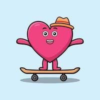 cuore adorabile del fumetto sveglio che sta sullo skateboard vettore
