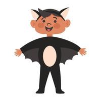 festa in maschera per bambini di halloween. simpatico ragazzo latinoamericano, ispanico con la pelle scura in costume da pipistrello di halloween. vettore