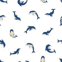 set di motivi senza cuciture di delfini cartoni animati in diverse pose, illustrazione vettoriale di animali marini. i delfini dipinti nuotano