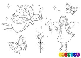fate da favola con bacchette magiche per elementi di design per bambini da colorare pagina del libro vettore