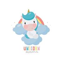 unicorno magico e arcobaleno. stile cartone animato. illustrazione vettoriale. per oggetti per bambini, biglietti, poster, striscioni, libri per bambini, stampa sulla confezione, stampa su vestiti, tessuto, carta da parati, tessuti o stoviglie. vettore