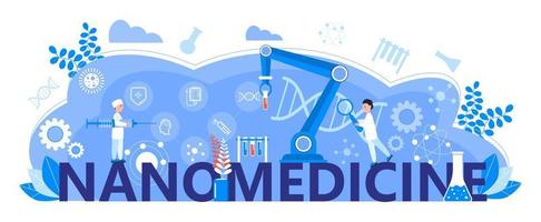 vettore di concetto di nanomedicina. scienziati, medici lavorano in laboratorio. illustrazione dell'intestazione della nanotecnologia. la mano robotica aiuta nella ricerca. banner di progresso scientifico nano innovazioni per sito Web, pagina di destinazione.