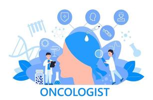 vettore di concetto oncologo per app, web, blog. piccoli dottori di oncologia curano il paziente e combattono il cancro. illustrazione della terapia dell'innovazione. banner di fluidi endovenosi e chemioterapia.