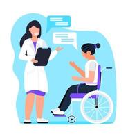 vettore di concetto di psicologo. la donna disabile riceve una consulenza psicologica professionale. depressione, tristezza, illustrazione di salute mentale. medico, online, servizio di assistenza di una donna terapista.