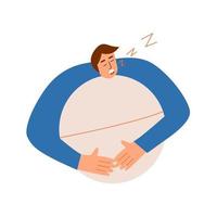 il personaggio maschile dorme con una pillola per l'insonnia. illustrazione vettoriale in stile piatto