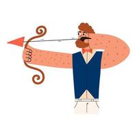 un uomo barbuto con un giubbotto con arco e frecce. ragazzo romantico. personaggio arciere. illustrazione vettoriale disegnata a mano con stile.