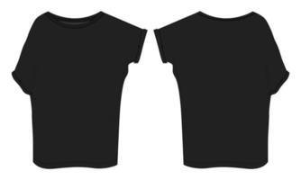 top da donna oversize t-shirt tecnica moda appartamenti schizzo illustrazione vettoriale modello colore nero viste anteriore e posteriore. design di abbigliamento mock up donna unisex cad.