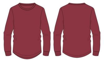 maglietta a maniche lunghe tecnica moda schizzo piatto illustrazione vettoriale colore rosso modello mock up per uomini e ragazzi.