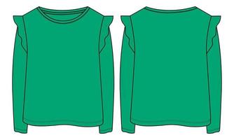 la maglietta a maniche lunghe supera il modello di colore verde di vettore di schizzo piatto di moda tecnica per le neonate
