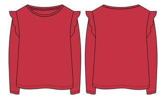 la maglietta a maniche lunghe supera il modello di colore rosso di vettore di schizzo piatto di moda tecnica per le neonate