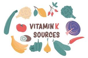 set di fonti colorate di vitamina k. illustrazione vettoriale del set di nutrizione.