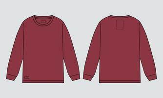 t-shirt a maniche lunghe tecnica moda schizzo piatto illustrazione vettoriale modello di colore rosso per uomini e ragazzi