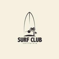 tavola da surf surf club vacanza onde spiaggia albero di cocco logo icona vettore simbolo illustrazione design