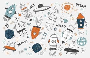 simpatico set spaziale doodle, razzo, pianeta, ufo e altro ancora. illustrazione vettoriale stile bambini disegnati a mano. avventura spaziale, esploratore spaziale, tecnologia, concetto di astronave.