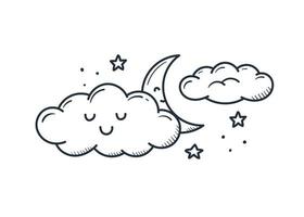 simpatica nuvola kawaii con luna. scarabocchio in stile cartone animato vettore