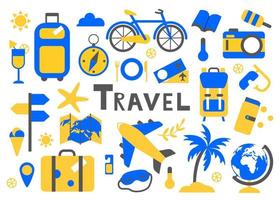 set di articoli da viaggio. raccolta di icone per vacanze o viaggi. bagagli, bagagli e valigie. isolato su sfondo bianco. illustrazione del fumetto di vettore