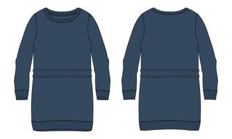 maglione lungo oversize in pile di cotone tecnico schizzo piatto modello di colore blu navy per le donne vettore