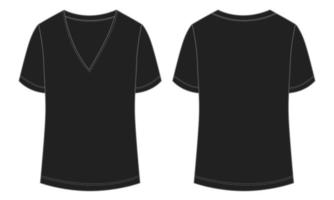 t-shirt con scollo a V, moda tecnica, schizzo piatto, illustrazione vettoriale, colore nero, modello per donna vettore
