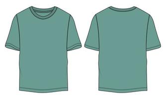 maglietta a maniche corte tecnica moda schizzo piatto illustrazione vettoriale modello colore verde viste anteriore e posteriore