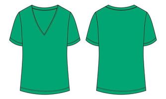 t-shirt con scollo a V, moda tecnica, schizzo piatto, illustrazione vettoriale, modello verde per donna vettore