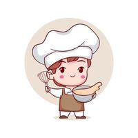 simpatico personaggio logo cartone animato dello chef. fondo isolato carattere chibi disegnato a mano. vettore