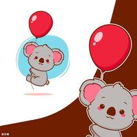 simpatico koala che galleggia con il palloncino. illustrazione della mascotte del fumetto vettore