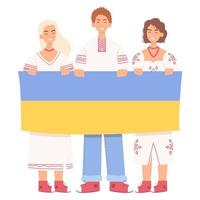 giovani in costume nazionale che tengono bandiera ucraina. rivolta, manifestazione per sostenere l'Ucraina e fermare la guerra. movimento di sciopero, protesta, attivismo. vettore