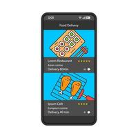 modello vettoriale dell'interfaccia dello smartphone per la consegna di cibo. layout di design nero della pagina dell'app mobile. schermata del servizio di ordinazione alimentare online. interfaccia utente piatta per l'applicazione. menu di ristoranti asiatici ed europei. display del telefono
